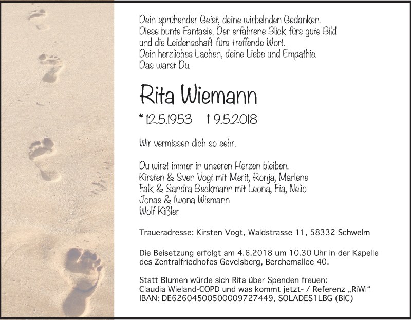  Traueranzeige für Rita Wiemann vom 26.05.2018 aus Tageszeitung
