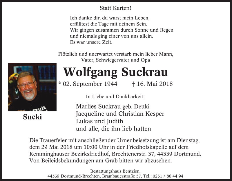  Traueranzeige für Wolfgang Suckrau vom 23.05.2018 aus Tageszeitung