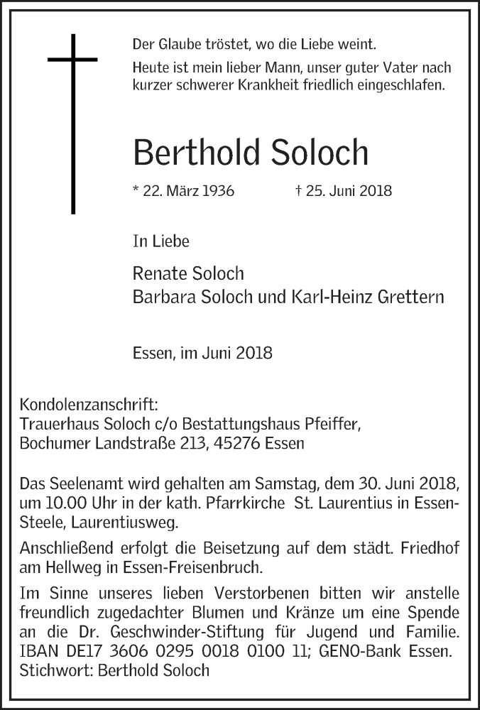 Traueranzeige für Berthold Soloch vom 28.06.2018 aus Tageszeitung