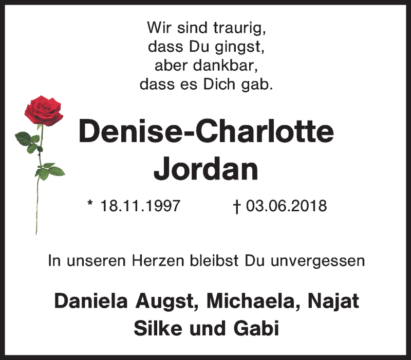  Traueranzeige für Denise-Charlotte Jordan vom 23.06.2018 aus Tageszeitung