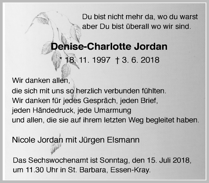  Traueranzeige für Denise-Charlotte Jordan vom 30.06.2018 aus Tageszeitung