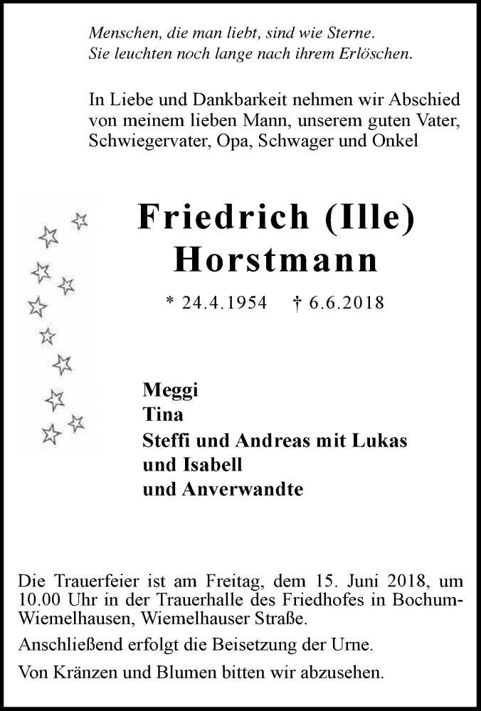  Traueranzeige für Friedrich Horstmann vom 09.06.2018 aus Tageszeitung