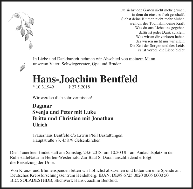  Traueranzeige für Hans-Joachim Bentfeld vom 19.06.2018 aus waz