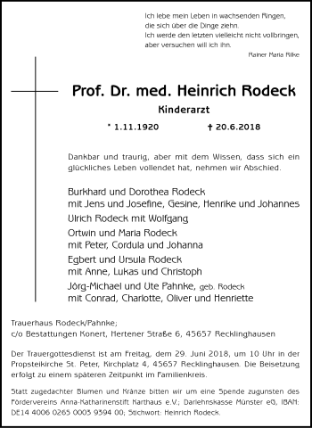 Traueranzeige von Heinrich Rodeck von Tageszeitung