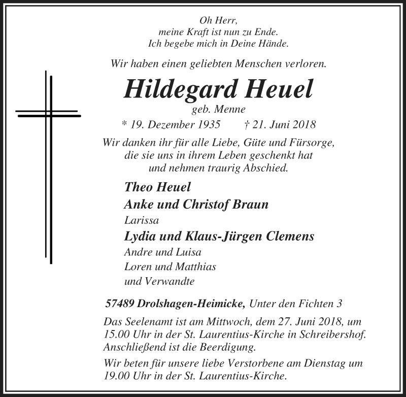 Traueranzeige für Hildegard Heuel vom 23.06.2018 aus Tageszeitung