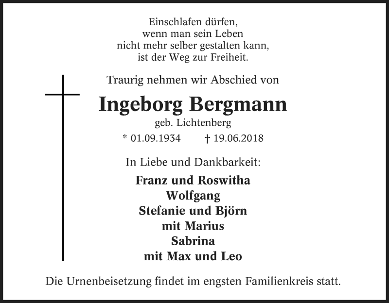  Traueranzeige für Ingeborg Bergmann vom 21.06.2018 aus waz