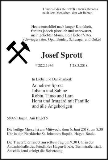 Traueranzeige von Josef Sprott von Tageszeitung