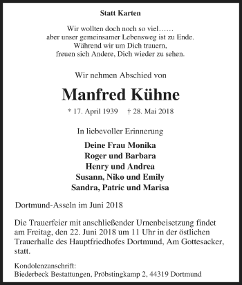 Traueranzeige von Manfred Kühne von Tageszeitung