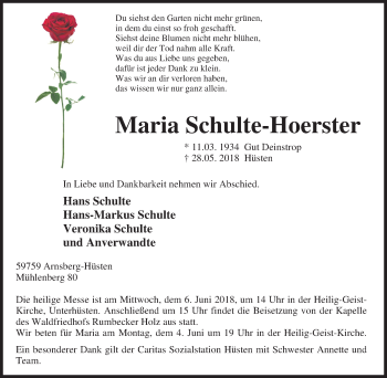 Traueranzeige von Maria Schulte-Hoerster von Tageszeitung