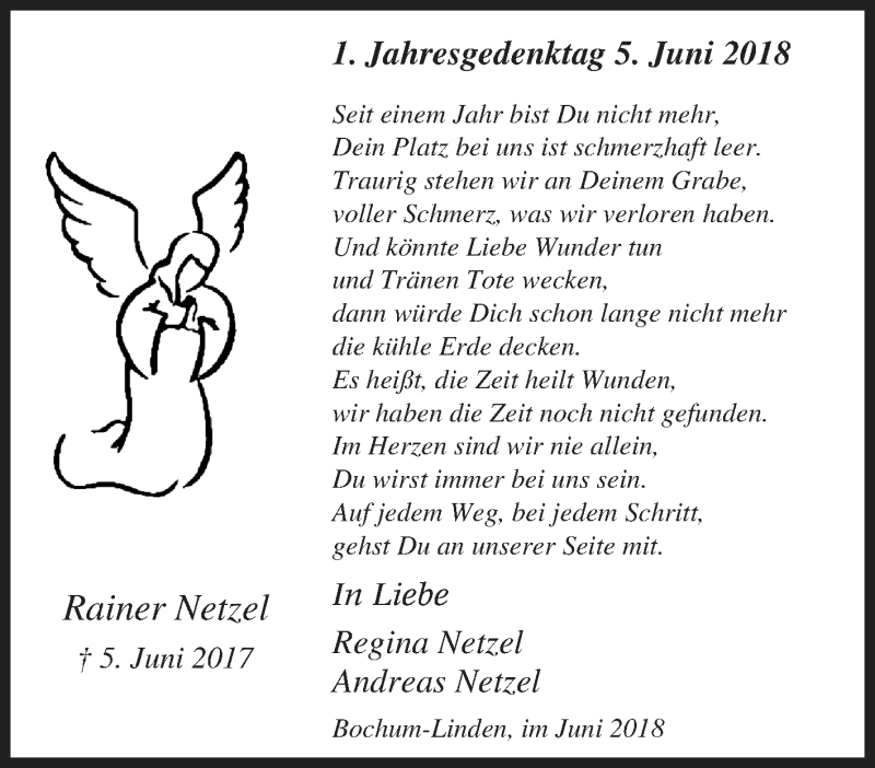  Traueranzeige für Rainer Netzel vom 05.06.2018 aus Tageszeitung
