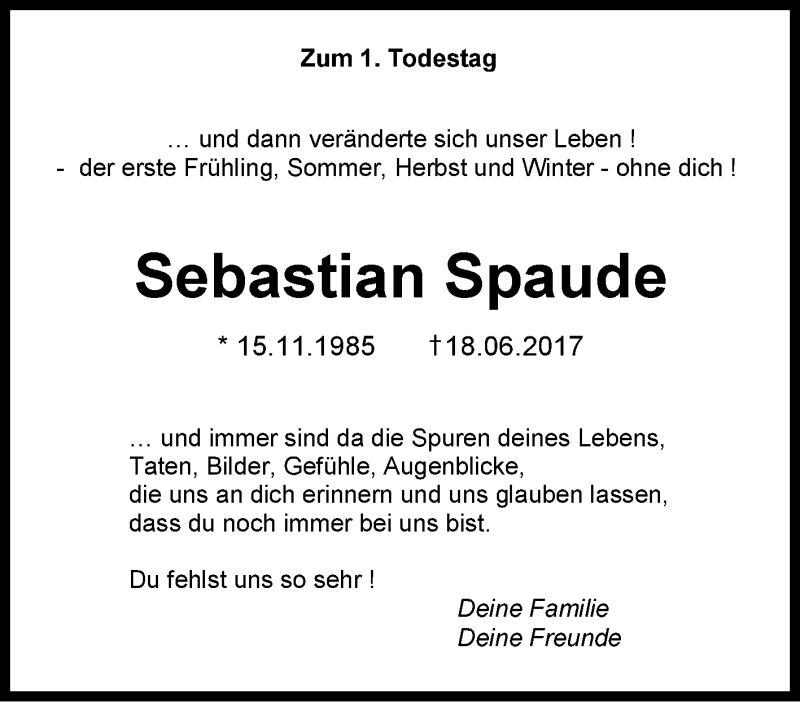  Traueranzeige für Sebastian Spaude vom 18.06.2018 aus Tageszeitung