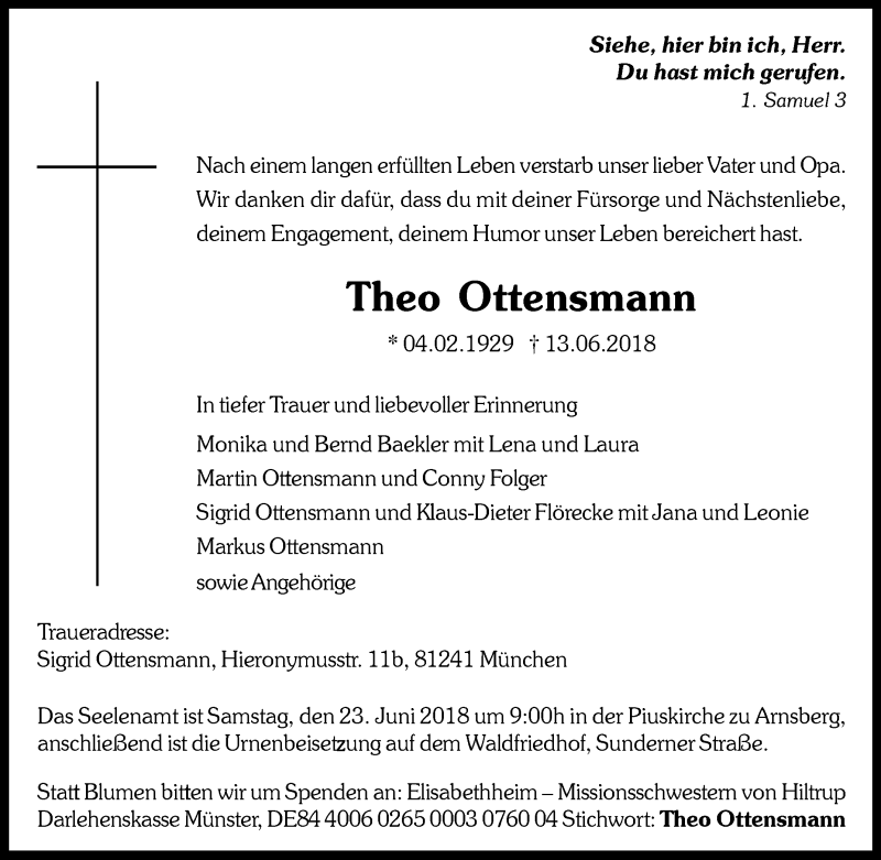  Traueranzeige für Theo Ottensmann vom 20.06.2018 aus Tageszeitung
