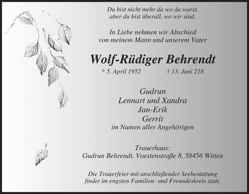  Traueranzeige für Wolf-Rüdiger Behrendt vom 23.06.2018 aus Tageszeitung