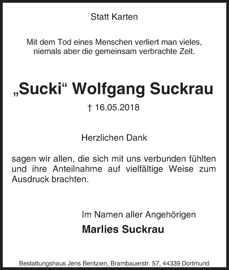  Traueranzeige für Wolfgang Suckrau vom 02.06.2018 aus Tageszeitung
