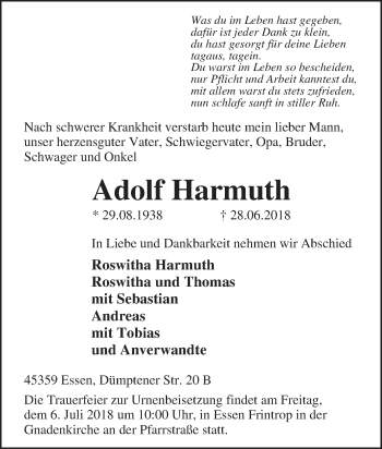 Traueranzeige von Adolf Harmuth von Tageszeitung