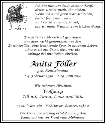 Traueranzeige von Anita Föller von Tageszeitung