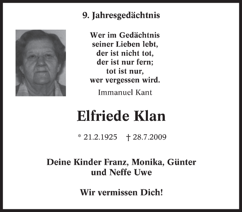  Traueranzeige für Elfriede Klan vom 28.07.2018 aus Tageszeitung