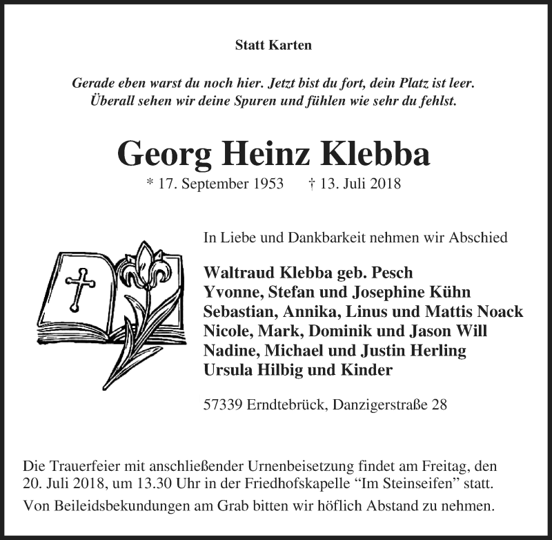  Traueranzeige für Georg Heinz Klebba vom 17.07.2018 aus Tageszeitung