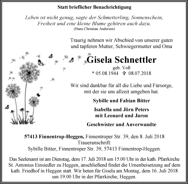  Traueranzeige für Gisela Schnettler vom 11.07.2018 aus Tageszeitung