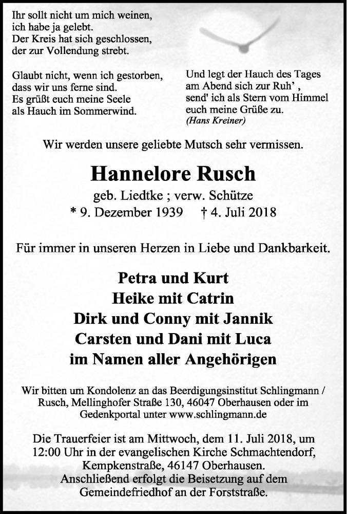  Traueranzeige für Hannelore Rusch vom 07.07.2018 aus Tageszeitung