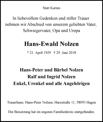 Traueranzeige von Hans-Ewald Nolzen von Tageszeitung