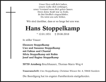 Traueranzeige von Hans Stoppelkamp von Tageszeitung