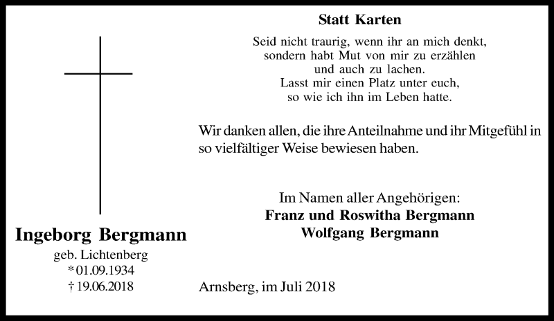  Traueranzeige für Ingeborg Bergmann vom 14.07.2018 aus waz