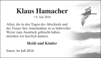 Traueranzeige von Klaus Hamacher von Tageszeitung