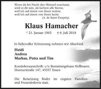 Traueranzeige von Klaus Hamacher von Tageszeitung