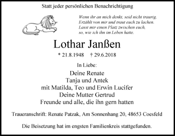 Traueranzeige von Lothar Janßen von Tageszeitung