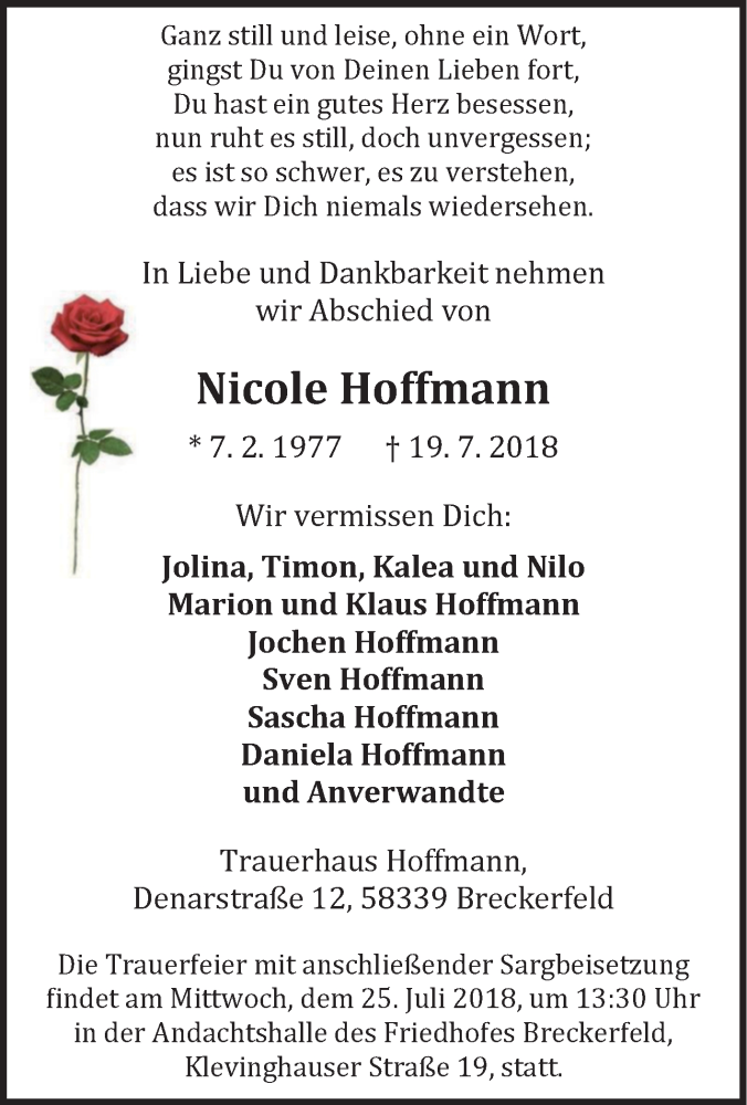  Traueranzeige für Nicole Hoffmann vom 23.07.2018 aus Tageszeitung
