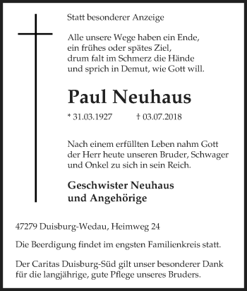 Traueranzeige von Paul Neuhaus von Tageszeitung