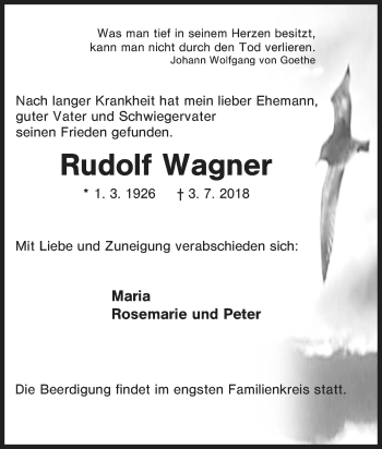 Traueranzeige von Rudolf Wagner von Tageszeitung