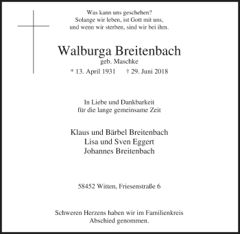 Traueranzeige von Walburga Breitenbach von Tageszeitung
