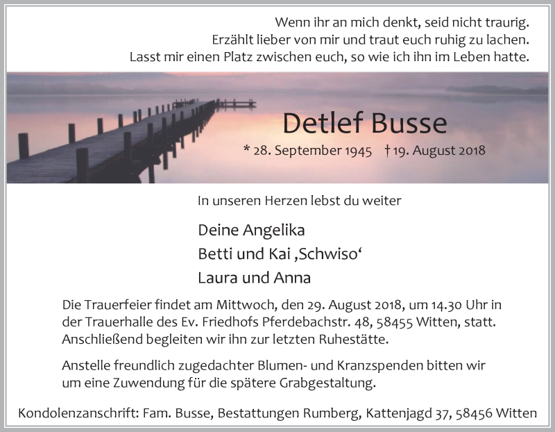  Traueranzeige für Detlef Busse vom 24.08.2018 aus Tageszeitung