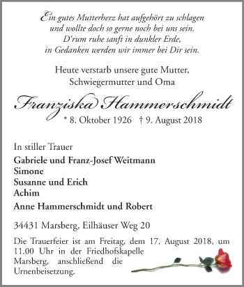 Traueranzeige von Franziska Hammerschmidt von waz