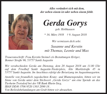 Traueranzeige von Gerda Gorys von waz