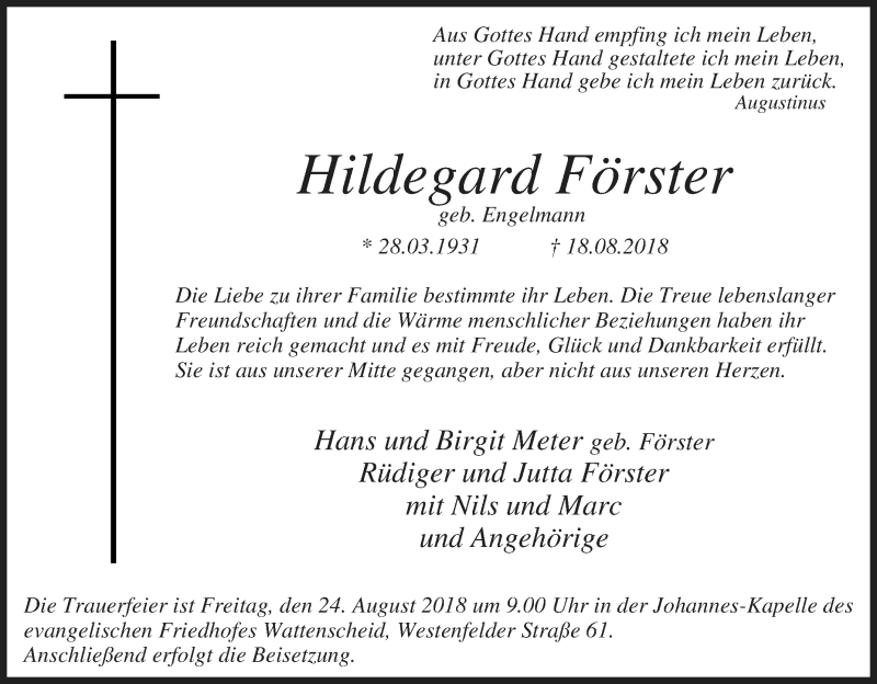  Traueranzeige für Hildegard Förster vom 21.08.2018 aus waz