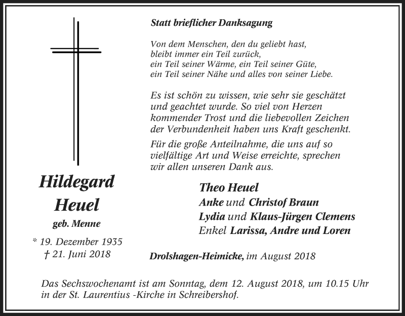 Traueranzeige für Hildegard Heuel vom 08.08.2018 aus Tageszeitung
