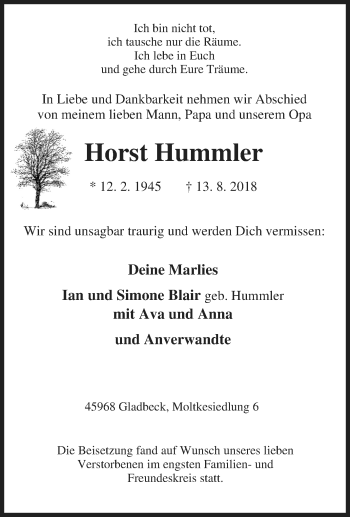 Traueranzeige von Horst Hummler von Tageszeitung
