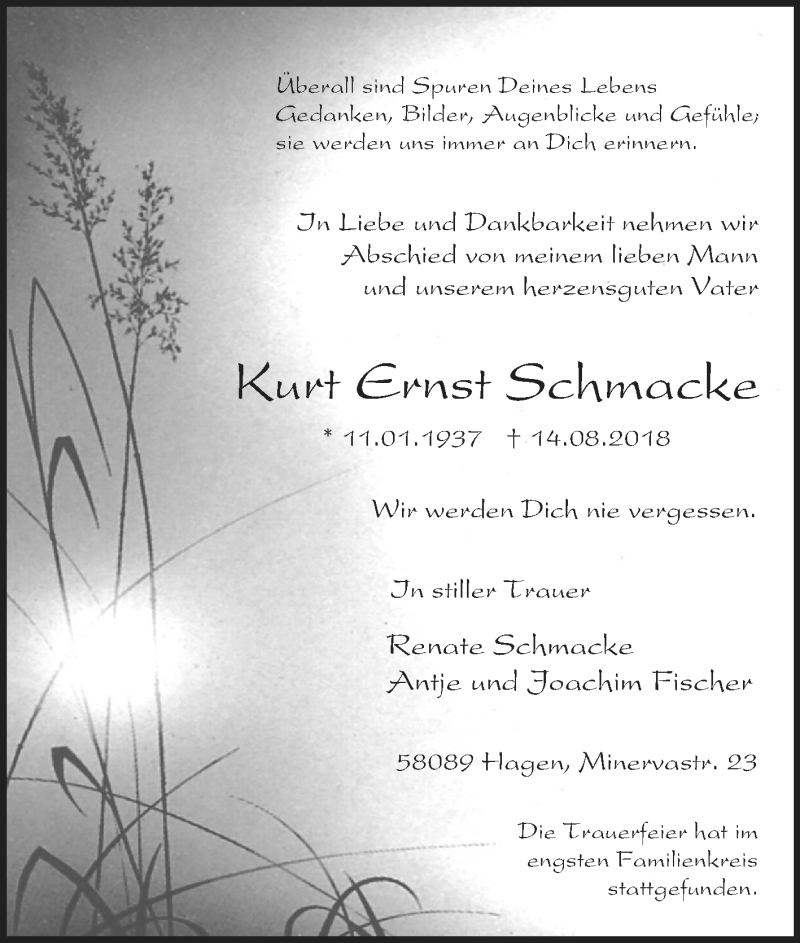  Traueranzeige für Kurt Ernst Schmacke vom 25.08.2018 aus Tageszeitung