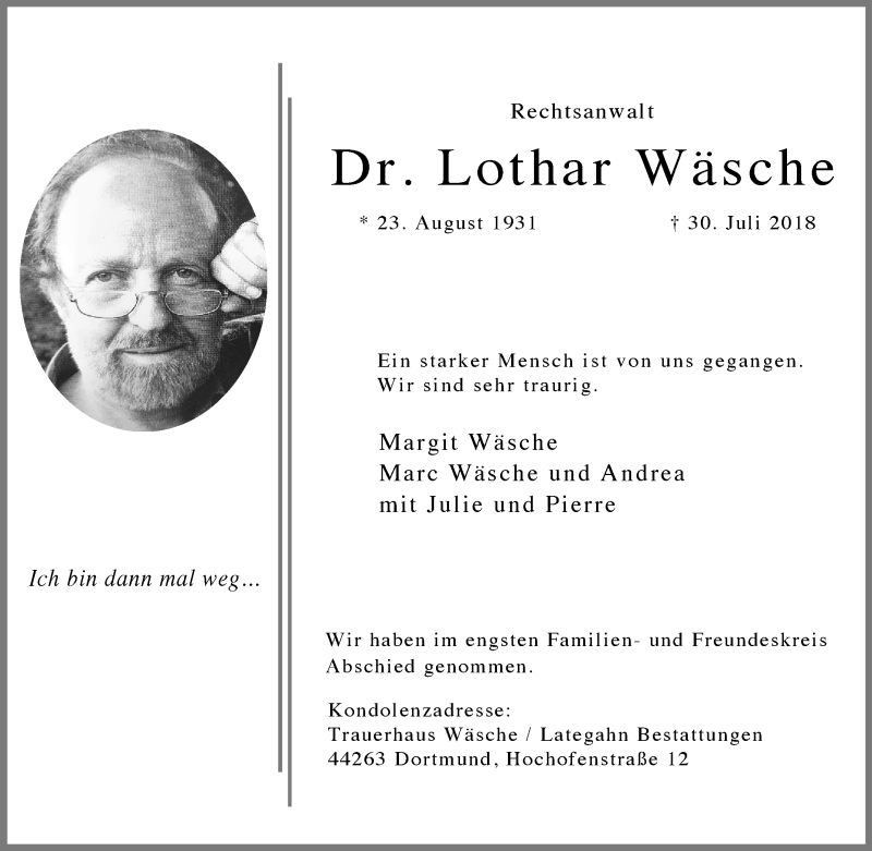  Traueranzeige für Lothar Wäsche vom 11.08.2018 aus waz