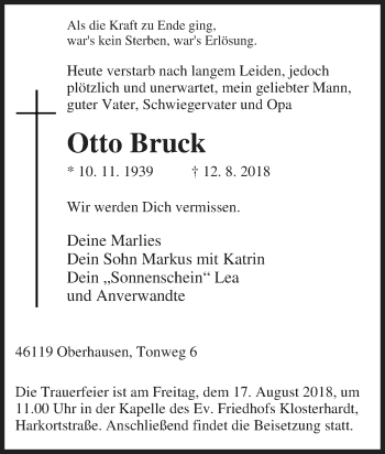 Traueranzeige von Otto Bruck von Tageszeitung