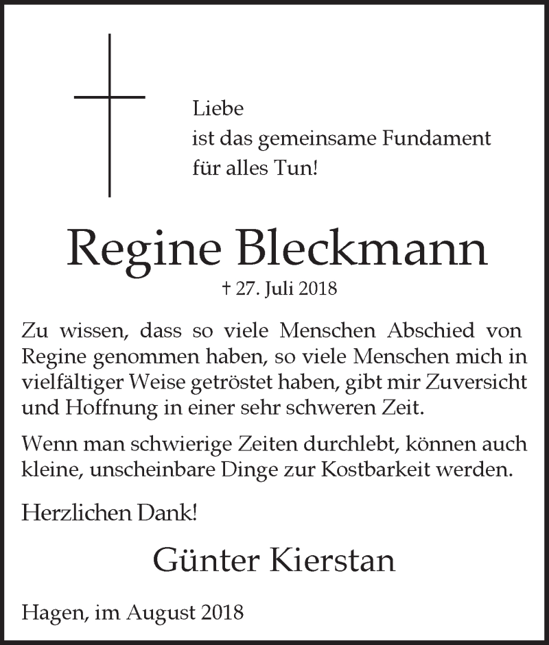  Traueranzeige für Regine Bleckmann vom 25.08.2018 aus Tageszeitung