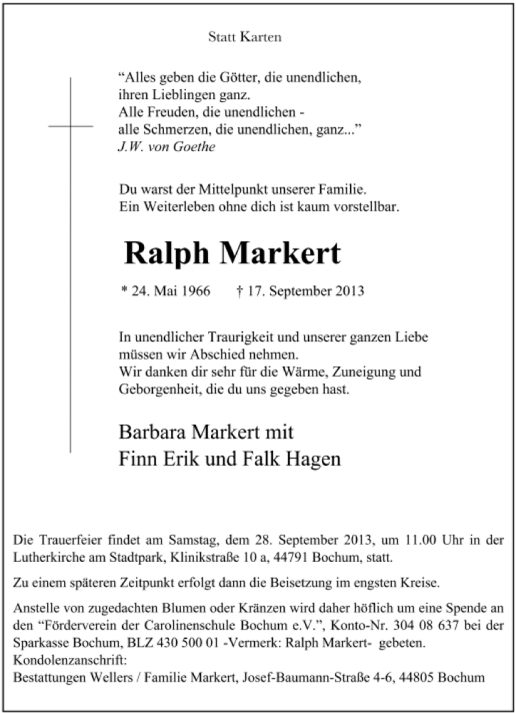  Traueranzeige für Ralph Markert vom 21.09.2015 aus Westdeutsche Allgemeine Zeitung