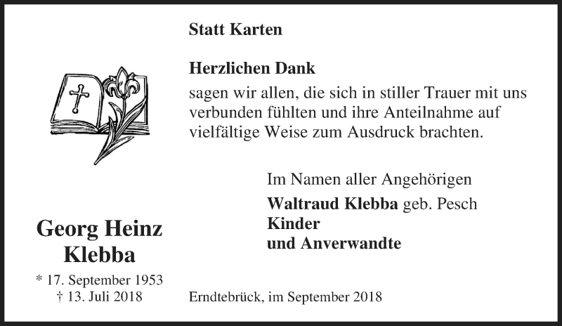  Traueranzeige für Georg Heinz Klebba vom 08.09.2018 aus Tageszeitung