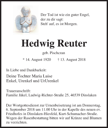 Traueranzeige von Hedwig Reuter von Tageszeitung
