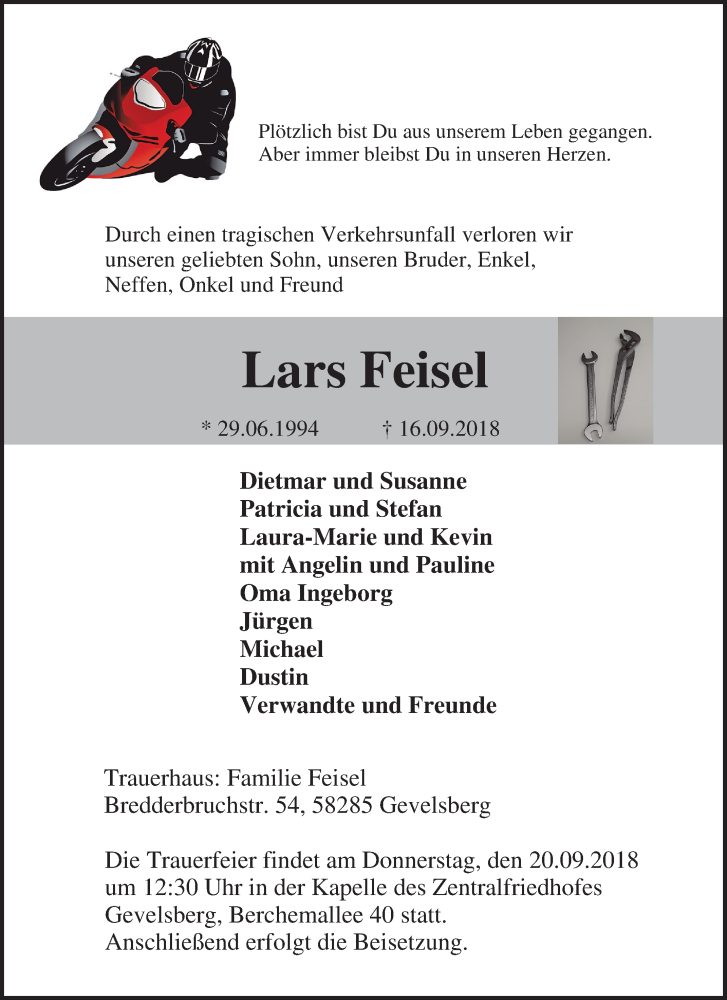  Traueranzeige für Lars Feisel vom 19.09.2018 aus Tageszeitung