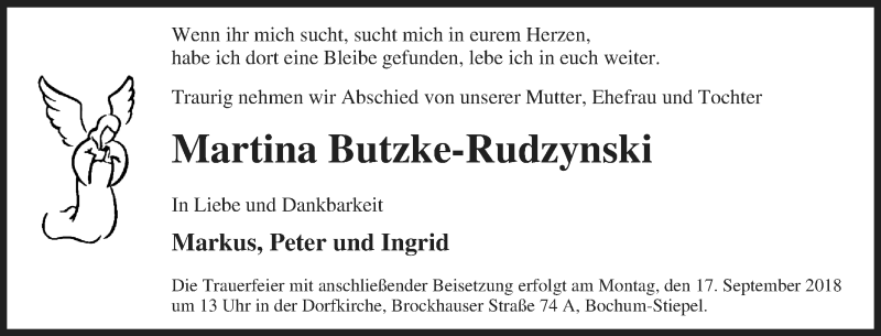  Traueranzeige für Martina Butzke-Rudzynski vom 14.09.2018 aus Tageszeitung