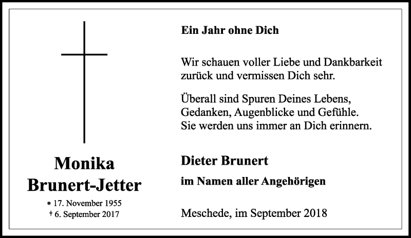  Traueranzeige für Monika Brunert-Jetter vom 08.09.2018 aus waz